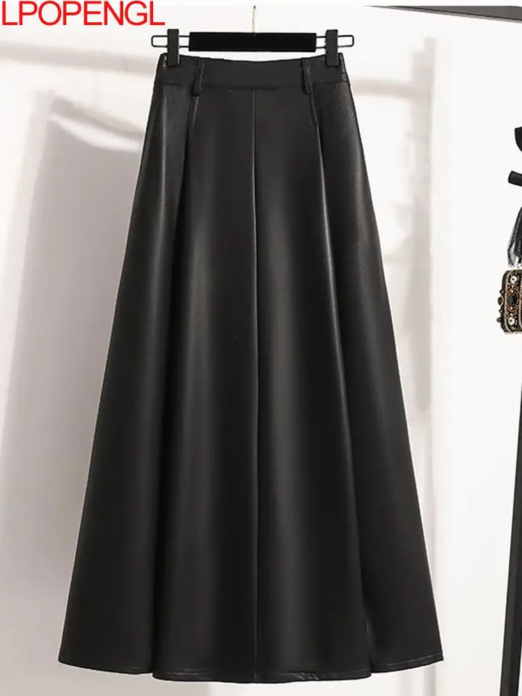 

Новая модная однотонная офисная женская кожаная юбка средней длины, женская осенне-зимняя универсальная юбка трапециевидной формы с высокой талией в стиле ретро