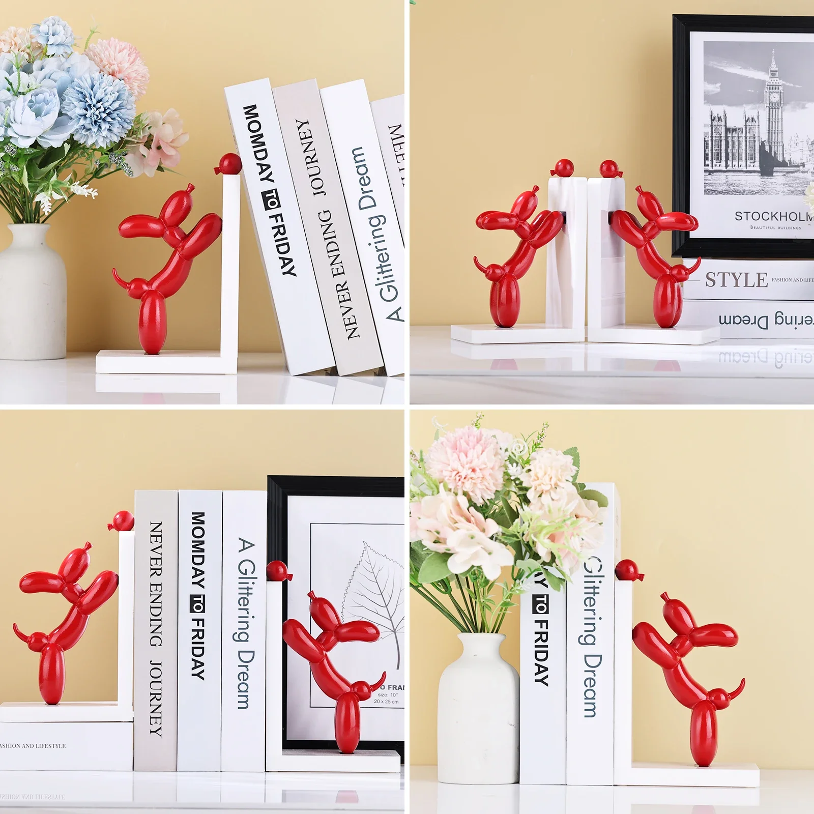 Resin Balloon Dog Book Ends Home Decor Modern Dog Stature Bookends Shelves Hold Books Heavy Duty Book Holder Stopper for Shelf