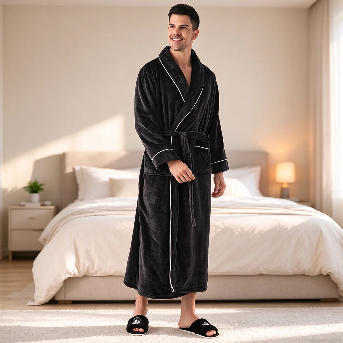 Paar-Bademantel für Damen und Herren, Flanell-Fleece-Morgenmantel, dicker, warmer Plüschmantel mit Schalkragen und Gürtel, Winter-Schlafanzug, Loungewear – Detail 17