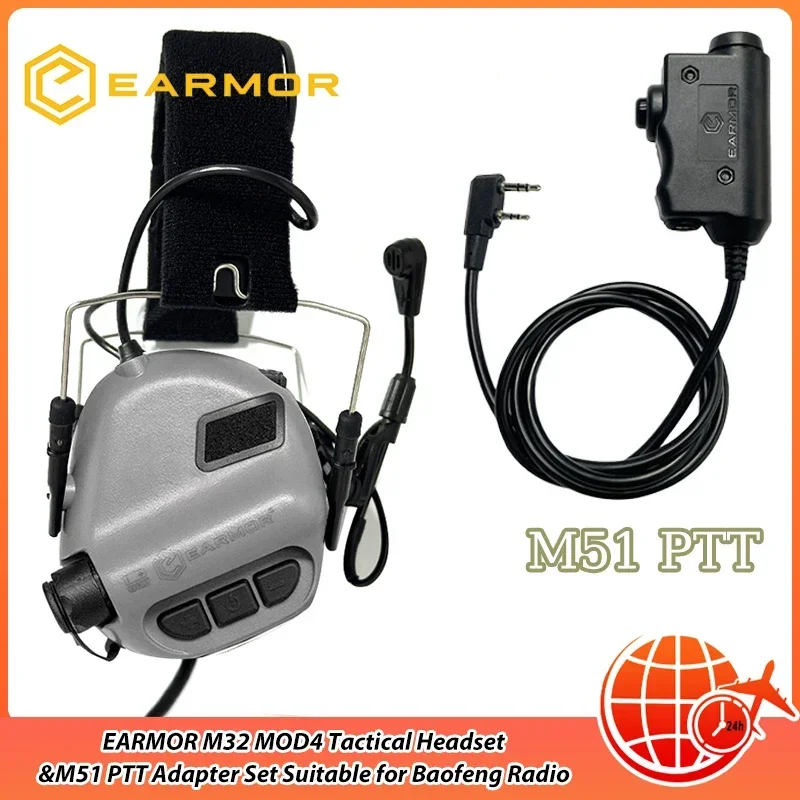 EARMOR M32 MOD4 Tactical Headset&M51 PTT Adapter Set Suitable for Baofeng Radio Communication Shooting Noise Clearance