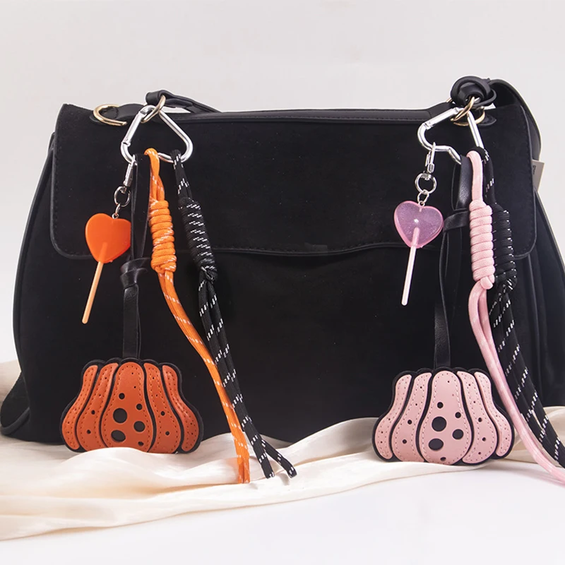 PU Leather Pumpkin Keychain with Woven Rope Lollipop Design Chic Bag Charm Car Hanging Accessory for All Saints Day Creativity