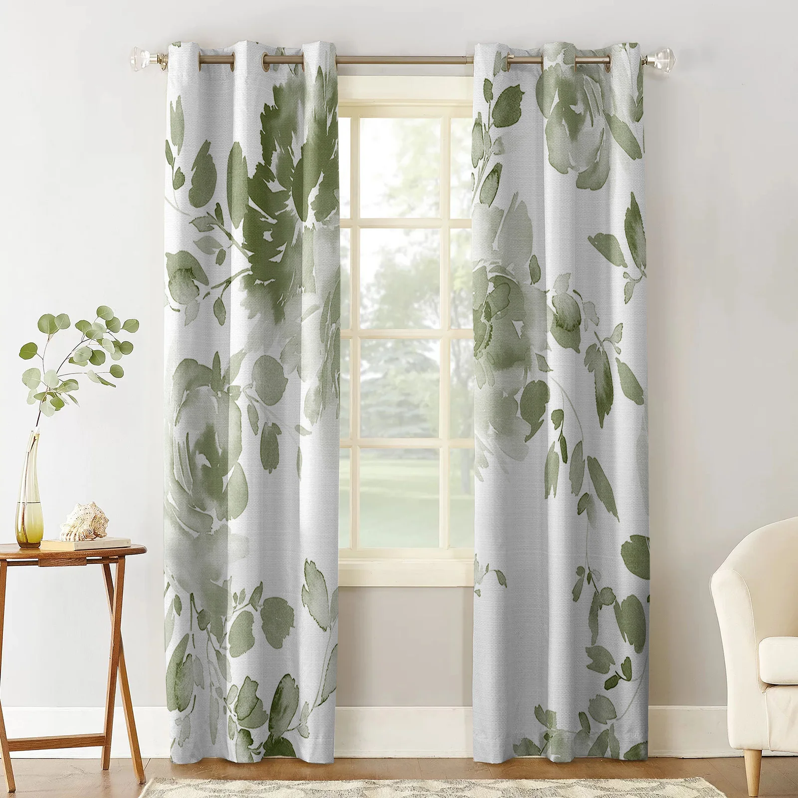 Sage Green Watercolor Flowers Window Curtain Living Room Kitchen Curtain Panel Blackout Curtains For Bedroom