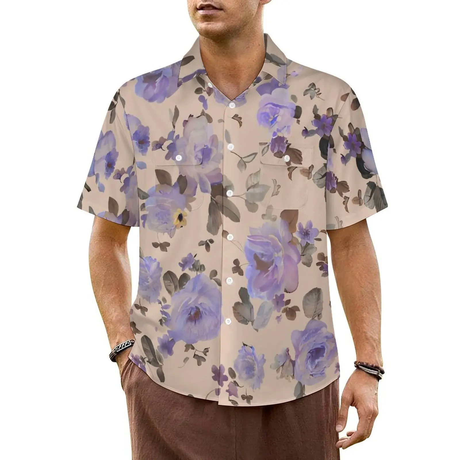 

Hawaiian Shirt Vacation Purple Floral Blouses Flowers Print Elegant Casual Shirts Men Short Sleeve Y2K Funny Oversize Tops