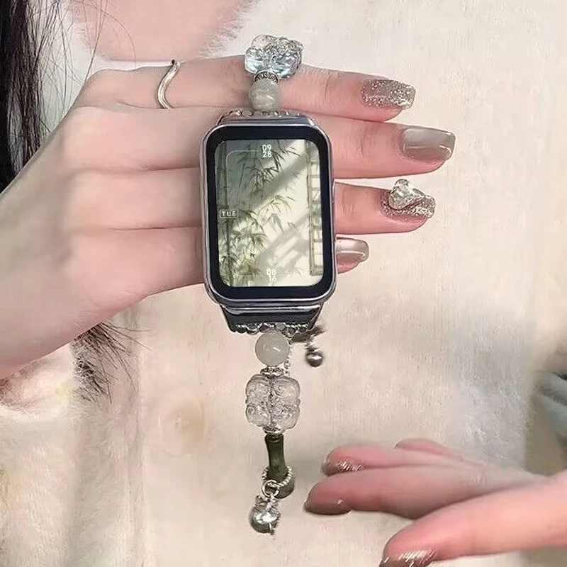 Chinese Style Jade Beaded Strap for Samsung Galaxy Watch 8 7 6 5 4 40 44mm Vintage Silver Charms Bracelet for Huawei Band 10 9 8