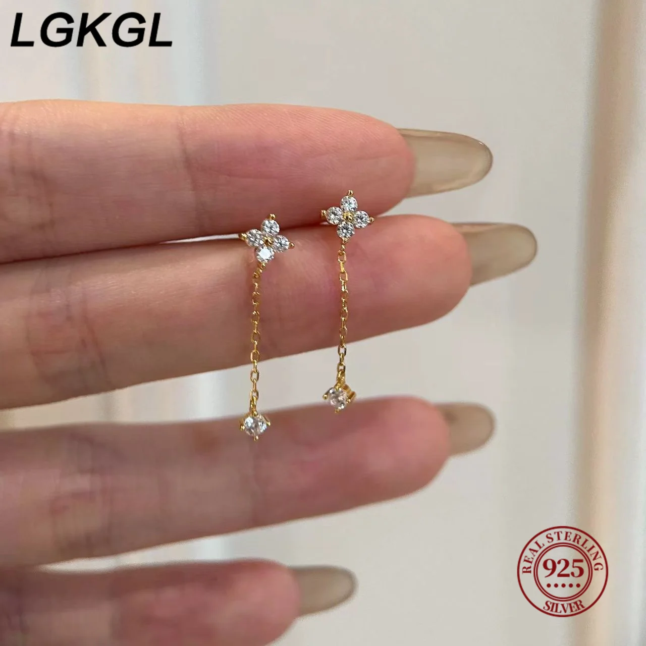 

LGKGL S925 Sterling Silver 14K Gold Plated Mini Four-leaf Clover Earrings Women Sparkling Zircon Embedded Elegant Ear Jewelry