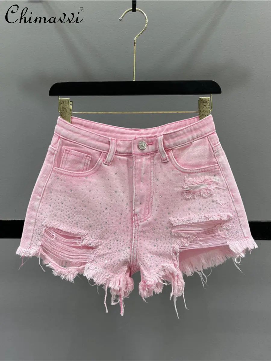 

Beading Denim Shorts Women's Summer New High Waist Slim Hot Girl Shorts Streetwear Holes Raw Hem Wide Legs Hot Pants Fashion