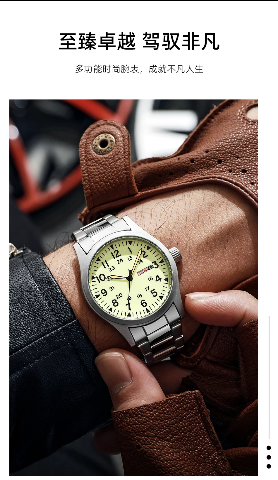 2026 Herren 38mm Leuchtende Zifferblatt-Uhr mit Tages- und Datumsanzeige, im Dunkeln leuchtend, grün, 30M wasserdicht, Felduhr mit Edelstahlarmband – Detail 15