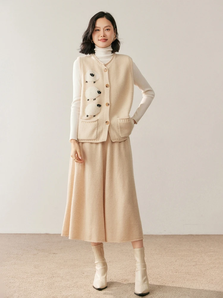 Outono inverno feminino dos desenhos animados bordado colete de malha 100% camisola de caxemira sem mangas colete cardigan macio estilo doce topos