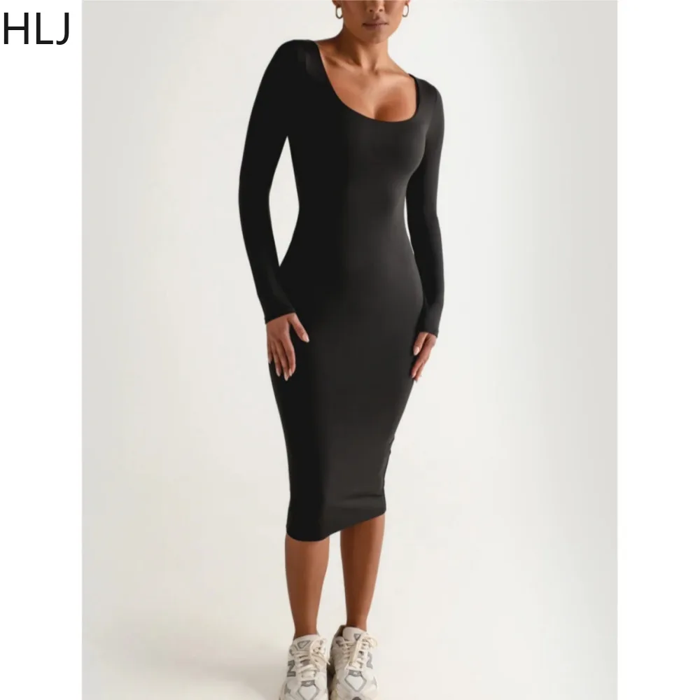 

HLJ Casual Solid Color Slim Dresses Women Round Neck Long Sleeve Bodycon Mid Robe Vestidos Autumn Female Mztching Home Clothing