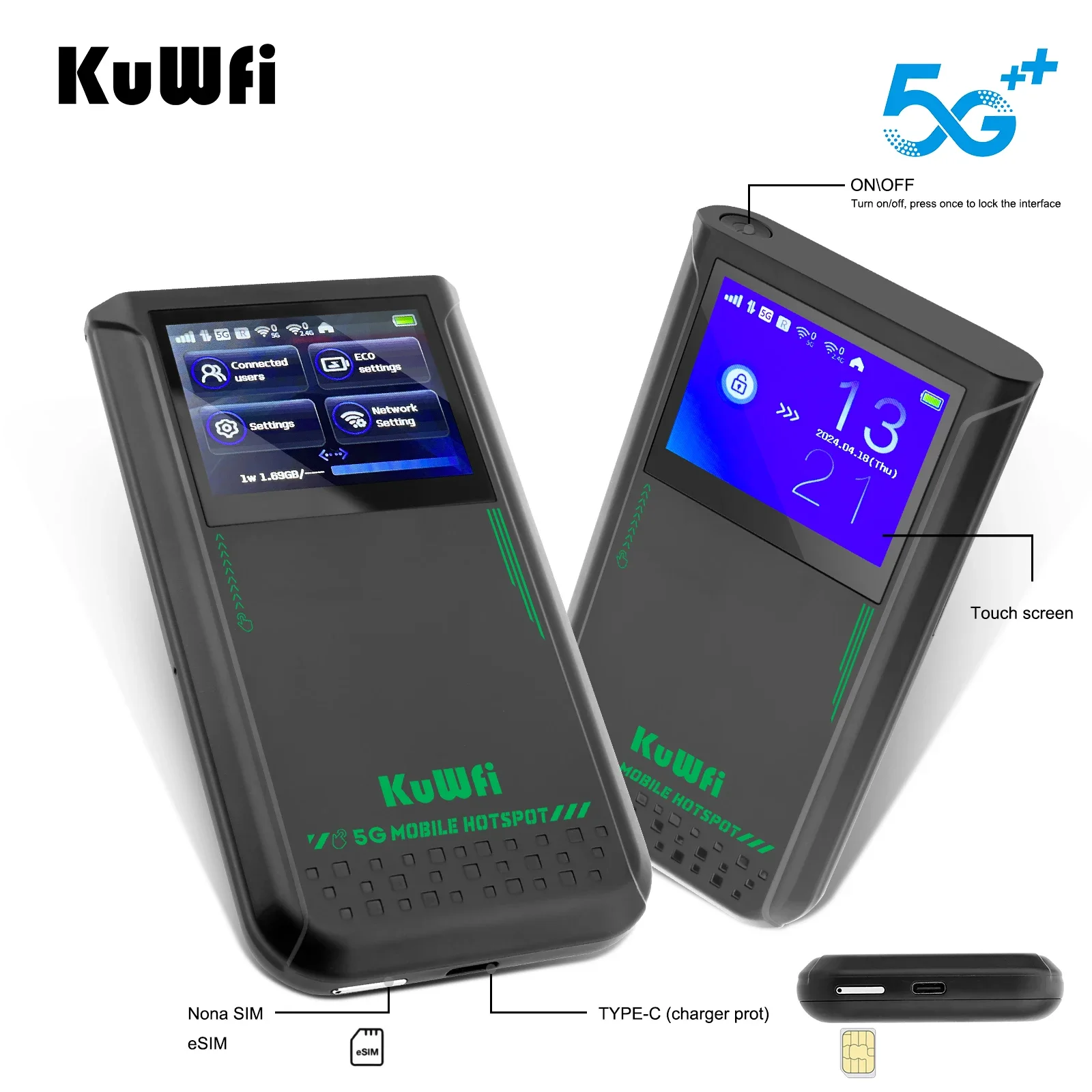 4500mah battery KuWFi esim wifi router 2.4g 5g 6g wifi mobile network router eSim 5g cpe 3000mbps 5g sim card router