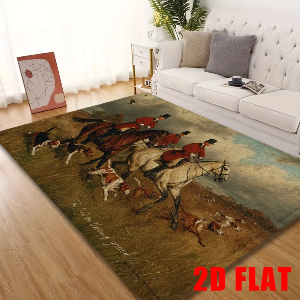 2D Flat, 2D Flat Mat, 1pc Elegant Fox Hunt  Floor Mat with Vintage Equestrian Scene and Hounds, Non-Slip & Machine Washable, P