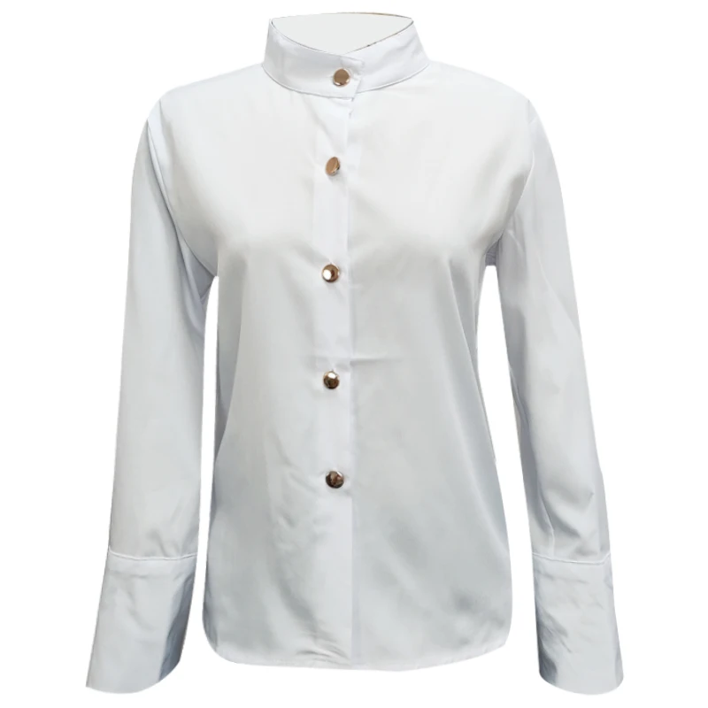 Długa bluzka damska plus size Cleanfit, zapinana na guziki, wykonana z bawełny, ze stójką, kolor nieblaknący.