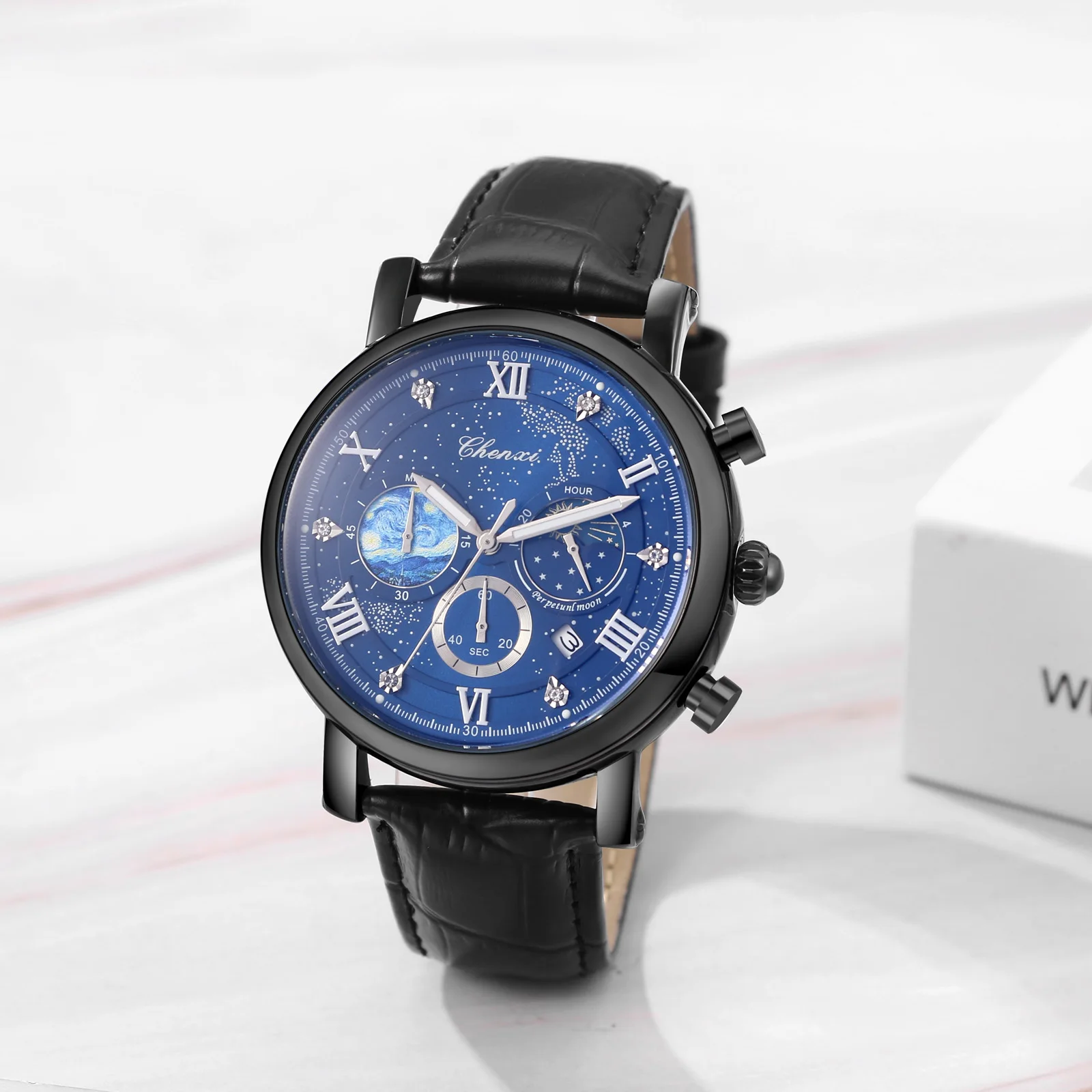 Men's quartz watch Leather strap waterproof watch Van Gogh Starry Sky decorated dial Chronograph Stopwatch Calendar available