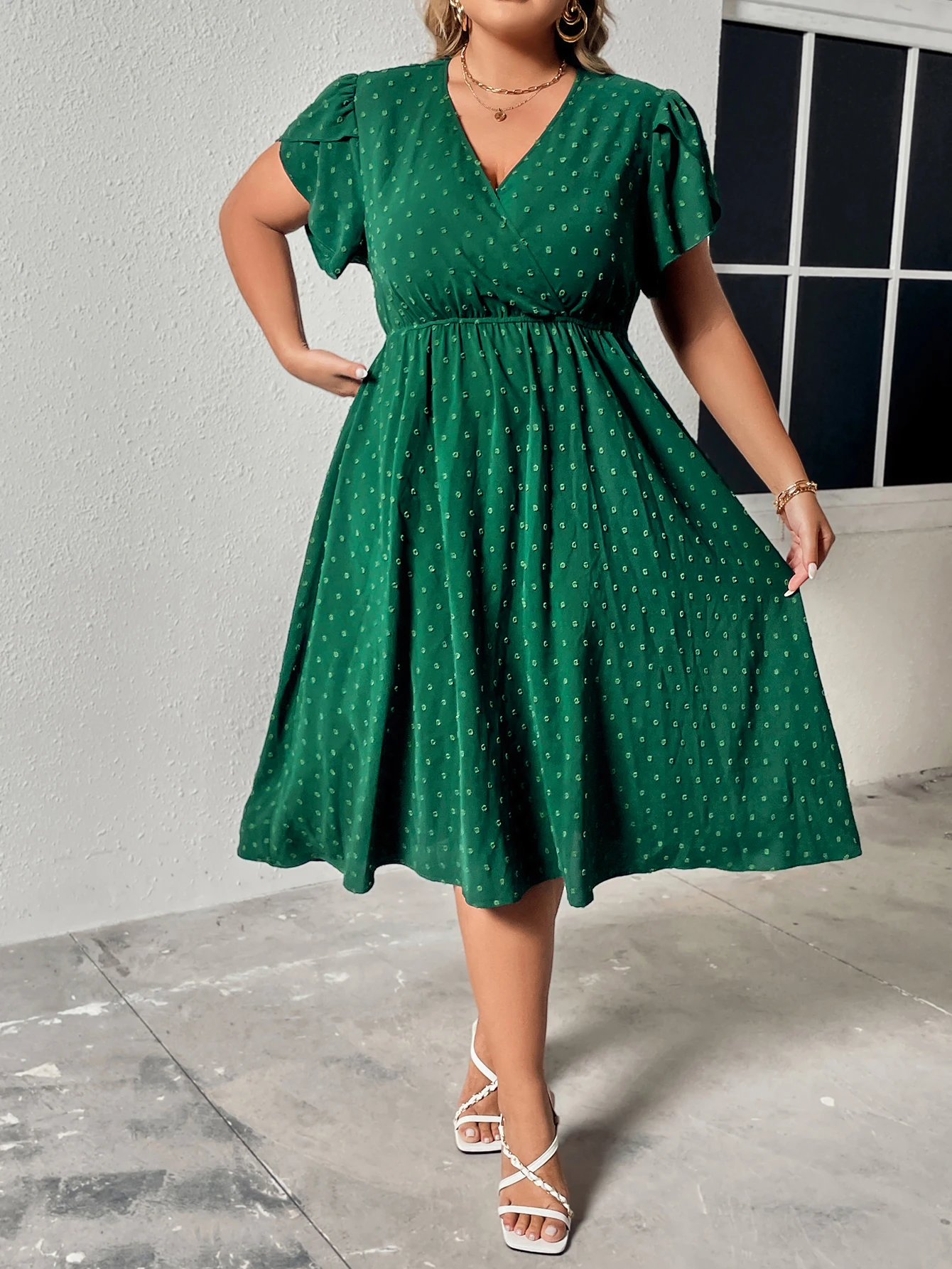 Plus Size Surplice Neck Swiss Dot A-Line Dress Women Vacation Casual Summer Boho Elastic Waist Large Size Elegant Midi Dresses