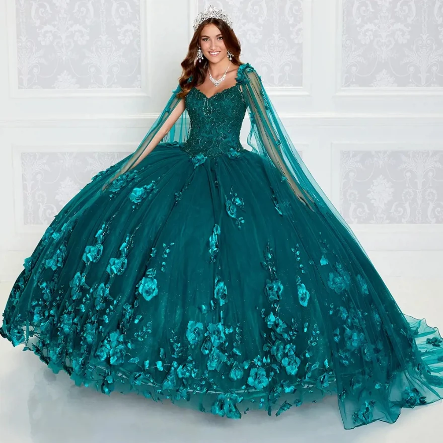 Vestidos de boda de colores personalizados, Vestido para quinceañeras, Vestido de baile, apliques de encaje de flores 3D con cuentas y capa, Vestido dulce 16 de México