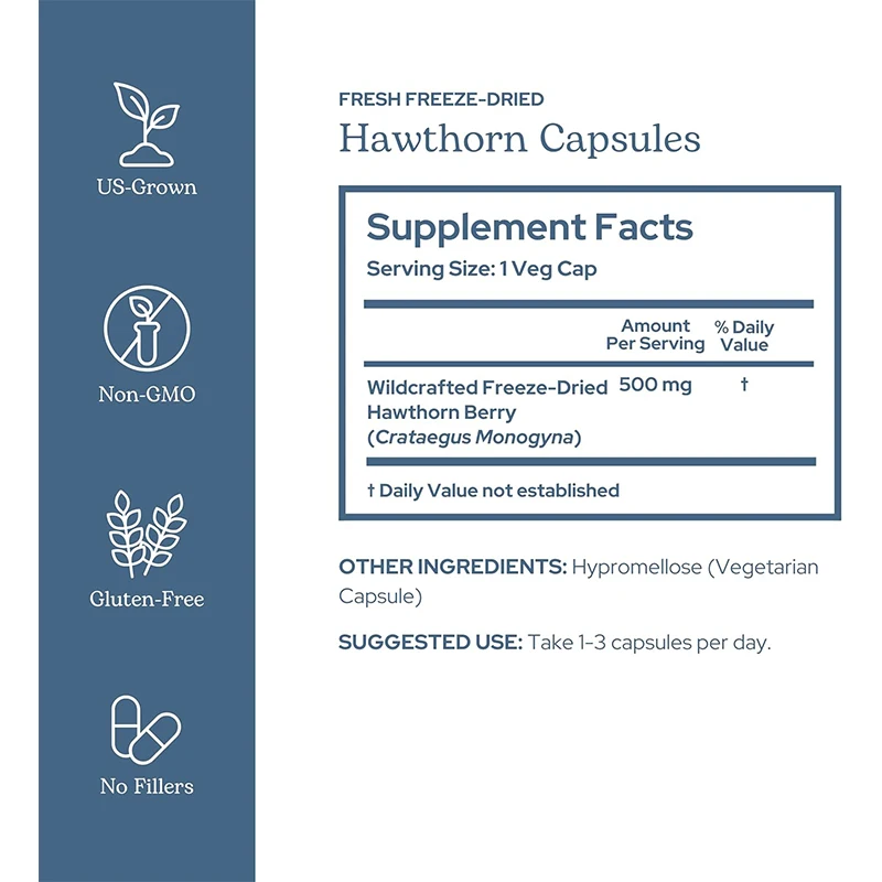 Fresh freeze-dried non genetically modified hawthorn berries | Cardiovascular support, 60 capsules (500mg)