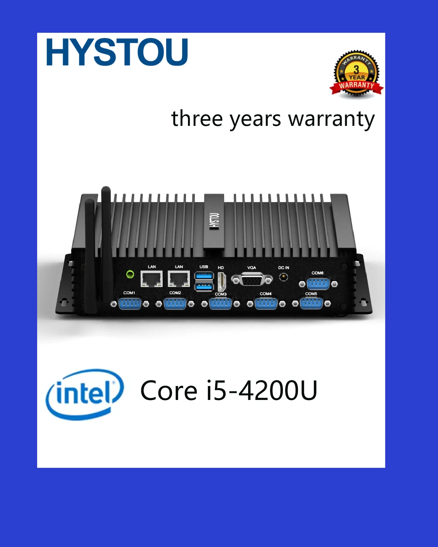 Rugged Fanless Computer: Intel i5-4200U, 6*RS232, Dual LAN, mSATA/SATA Storage, -20~60°C Operation Environment
