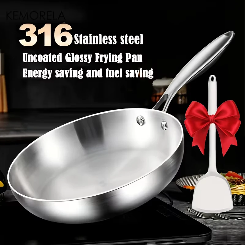 316 Stainless Steel Frying Pan With Food -Grade Silicone Spatula Mirror Polished Design Multiple Sizes for Induction Gas Cookers