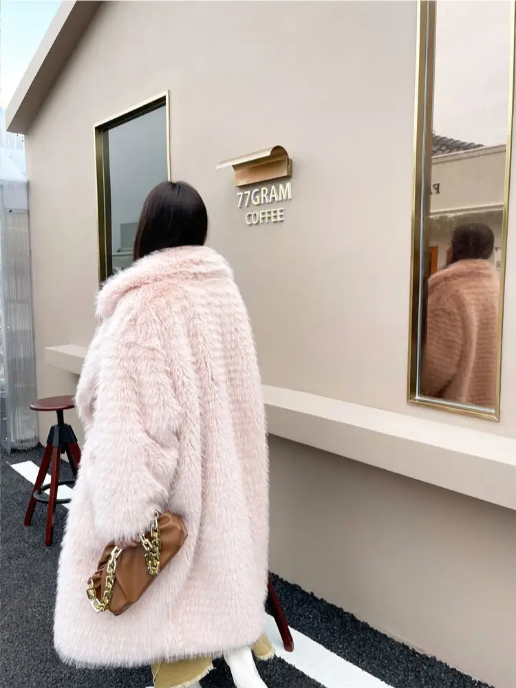Female Fashion Faux Fur Coat Long Baggy Pink Large Pocket Lapel Jacket Women\'s Winter Coats Factory Direct Sales