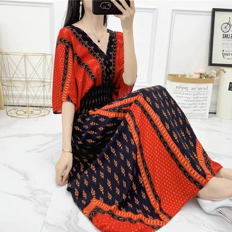2024 Spring New Casual Elegant Retro Bohemian Style V-neck Elastic Waist Large Swing Printed Long Skirt Autumn Summer Dress