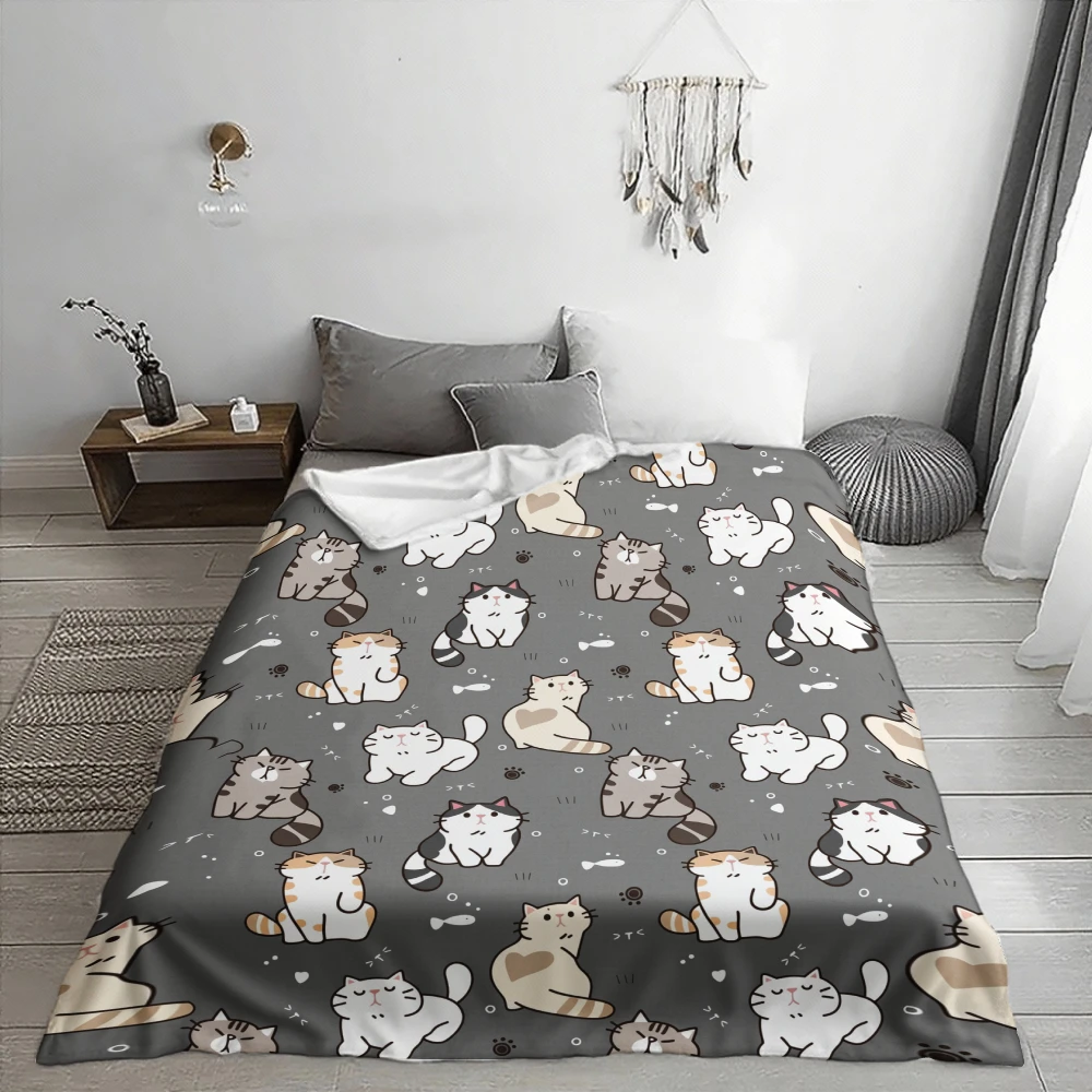 Cute Cat Pattern, for Cat Lovers, Soft Blanket, Grey Background with Adorable Kittens, Multi-Purpose Home Decor, Cozy Gift