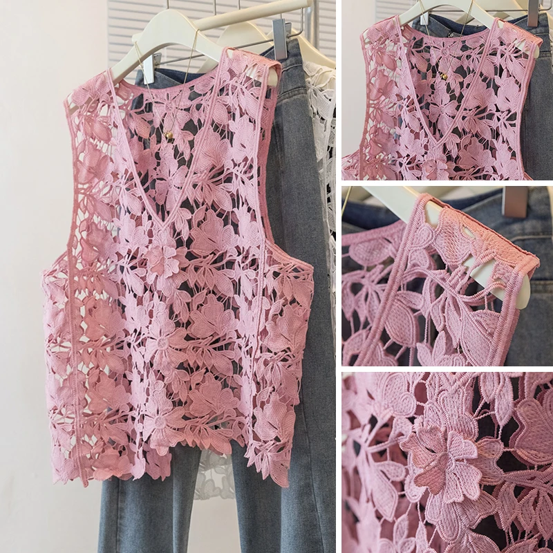 

Pink V-Ne Hook-Embellied Hollow out Women's Vest Top Asymmetrical Layering irt Svel Regular Fit Spring Commute