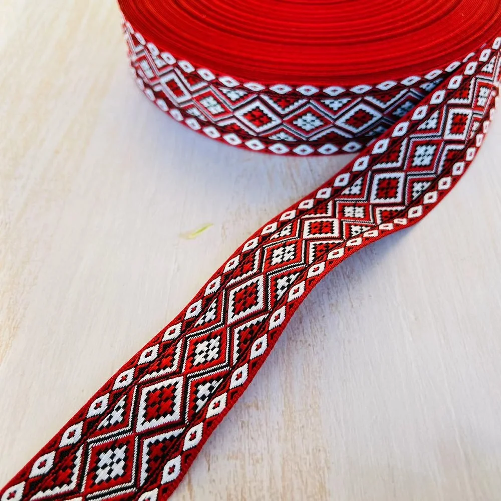 10Yards/Lots Woven Jacquard Ribbon 3.3cm Red Geometric Pattern  For Clothing Straps Accessory IS-3292