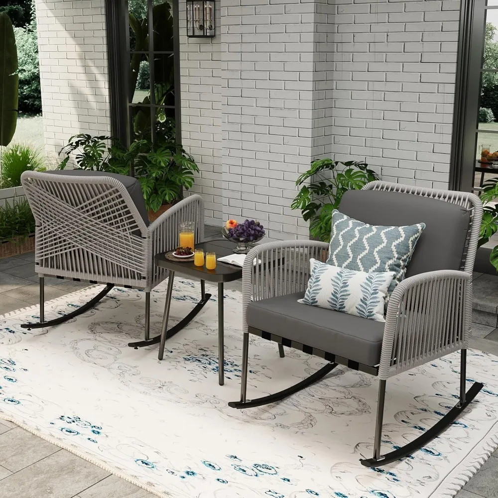

Boho Patio Rocking Chairs Set of 2 with Coffee Table, 3 Piece Outdoor Patio Furniture Set, Modern Rope Chair and Table for Balc