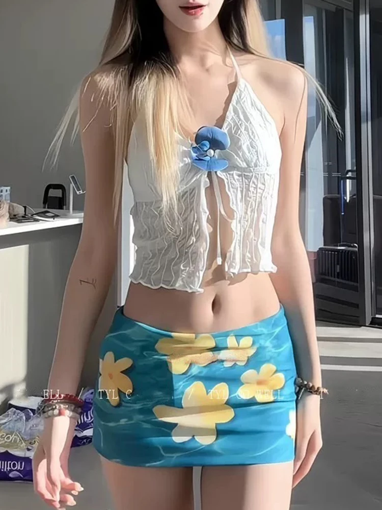 OIINAA ชุดว่ายน้ําเซ็กซี่ผู้หญิงคอลูกไม้ Crop Tops ดอกไม้พิมพ์กระโปรงชายหาดฤดูร้อน 2025 เกาหลี Spice Girls ชุดบิกินี่