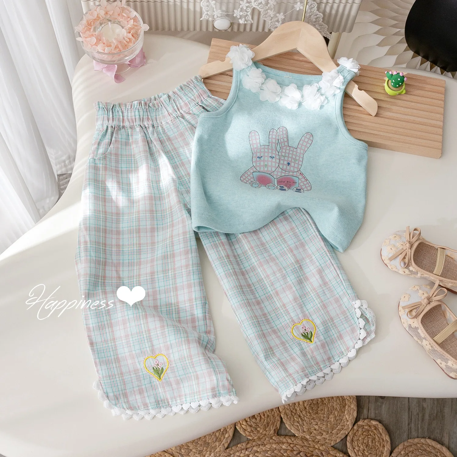 

Summer Kids Girls 2PCS Clothes Set Stylish Lace Collar Rabbit Print Vest Plaid Embroidery Cropped Pants Suit Toddler Girl Outfit