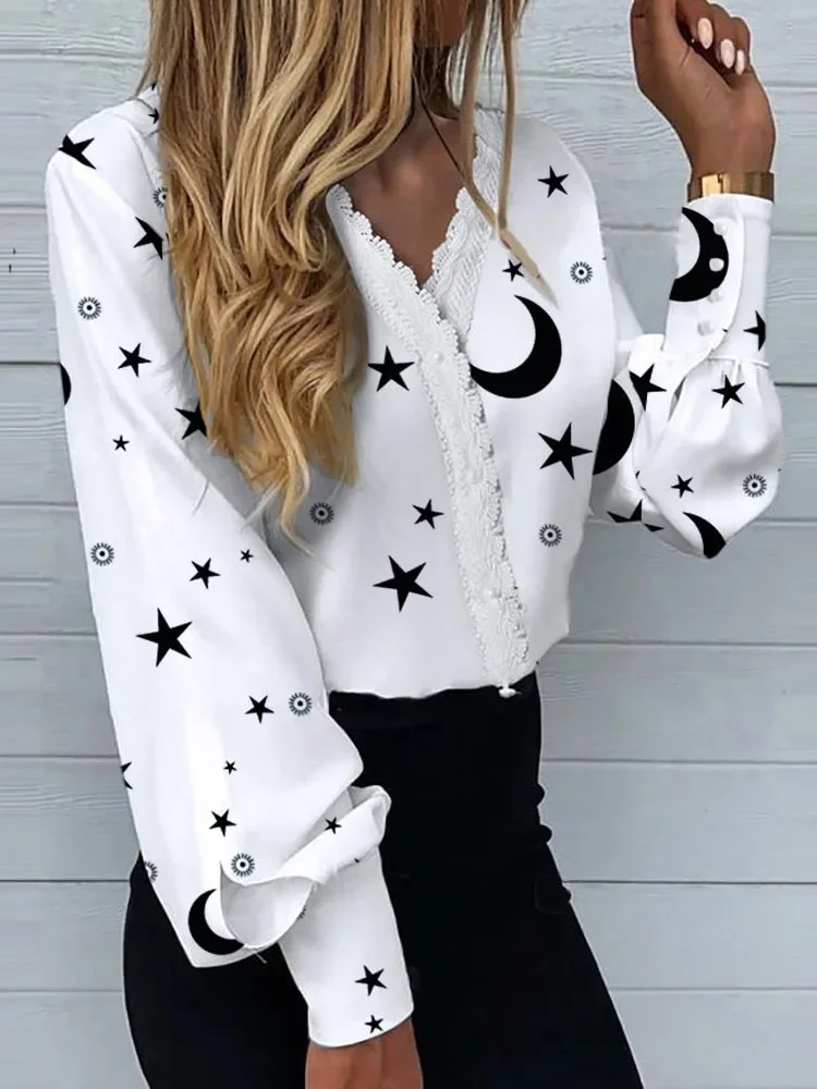 

Elegant White Blouses For Women Autumn Casual Long Sleeve Top Shirts Print Lace V-neck Loose Office Ladies Fashion Blouse Tops