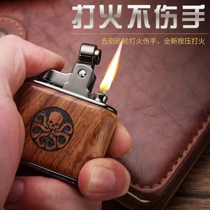 Honest Kerosene Lighter Retro Nostalgic Vintage Lighter Solid Wood Mechanical Lighter Pipe Smoking Accessories Metal Luxury