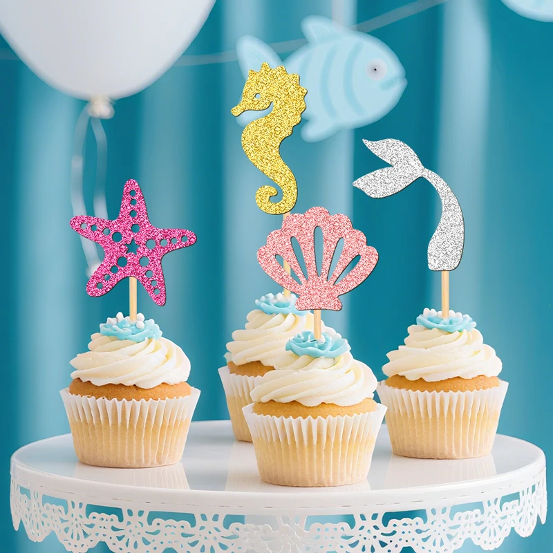NUBECOM 24 Stück Meerjungfrau-Kuchenaufsätze für Pool- und Strandpartys, Cupcake-Topper, glitzernde Muschel, Seepferdchen, Seestern, Meerjungfrauenschwanz-Kuchen-Picks – Detail 10