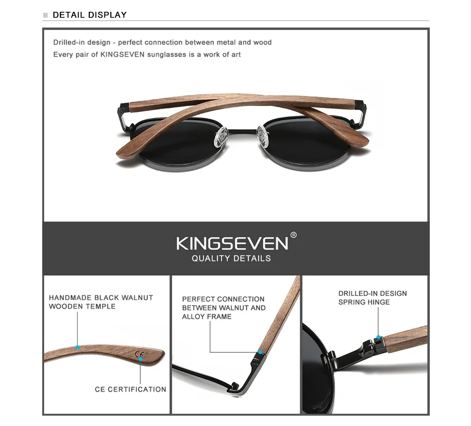KINGSEVEN Mode Handgemachte Schwarz Walnuss Holz männer Sonnenbrille Frauen Polarisierte Spiegel Objektiv Sonnenbrille Männlichen UV400 Fahren – Detail 3