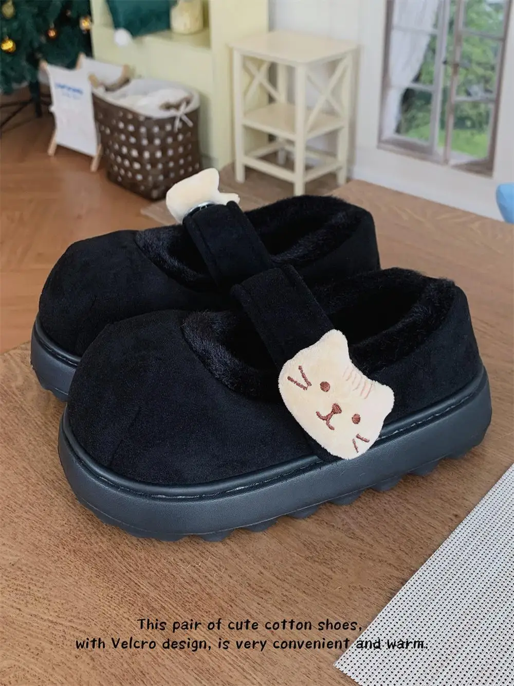 Women Cotton Shoes Ins Coffee Cat Bean Shoes Internet 2024 Winter Outdoor Wear Plush Mary Jane Cotton Shoes Women