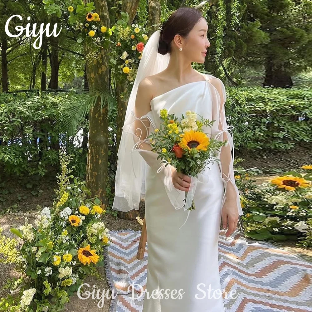 

Giyu Elegant Satin Mermaid Wedding Dresses Ribbon Open Long Sleeve Pleat Korea Photoshoot Bridal Gowns Customized 웨딩드레스 2025