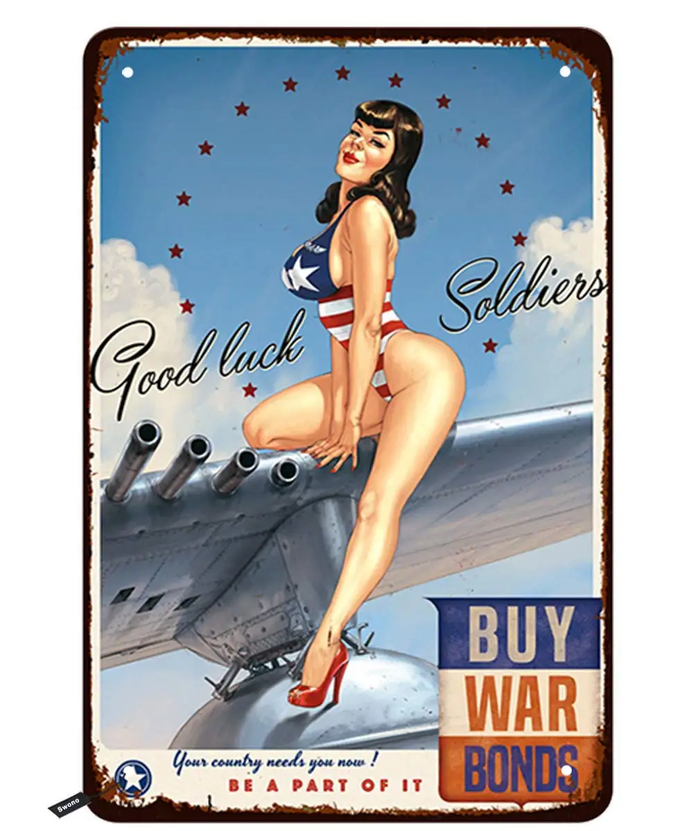 Swono Pink-Up Girls Tin Signs,Sexy Women Wear American Bikini Sitting on Plane Vintage Metal Tin Sign For Men Women,Wall Decor f