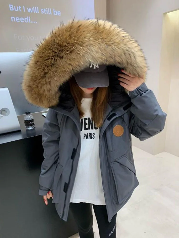

Fashion Hooded Raccoon Fur Collar Thickened Black Duck Down Jacket 2024 Winter New Parker Down Jacket for Women