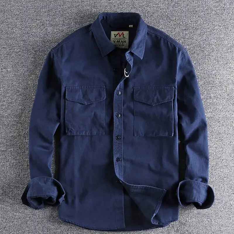 

Осенняя новая рабочая рубашка в стиле ретро, мужская армейская куртка с несколькими карманами, повседневная ветровка, однотонное пальто с воротником с лацканами