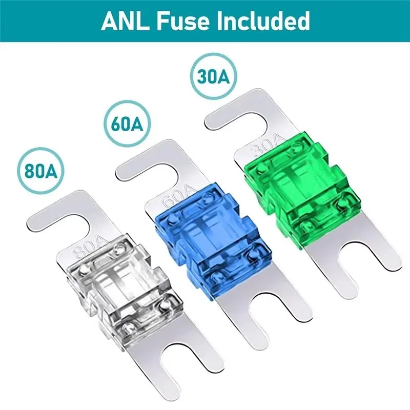 1 juego de bloque de distribución de energía, bloque de distribución de energía con fusibles para sistemas de audio de automóviles, bloque de fusibles MIDI de 4 vías para sistemas de sonido de automóviles, vehículos todoterreno, embarcaciones y amplificadores LED.