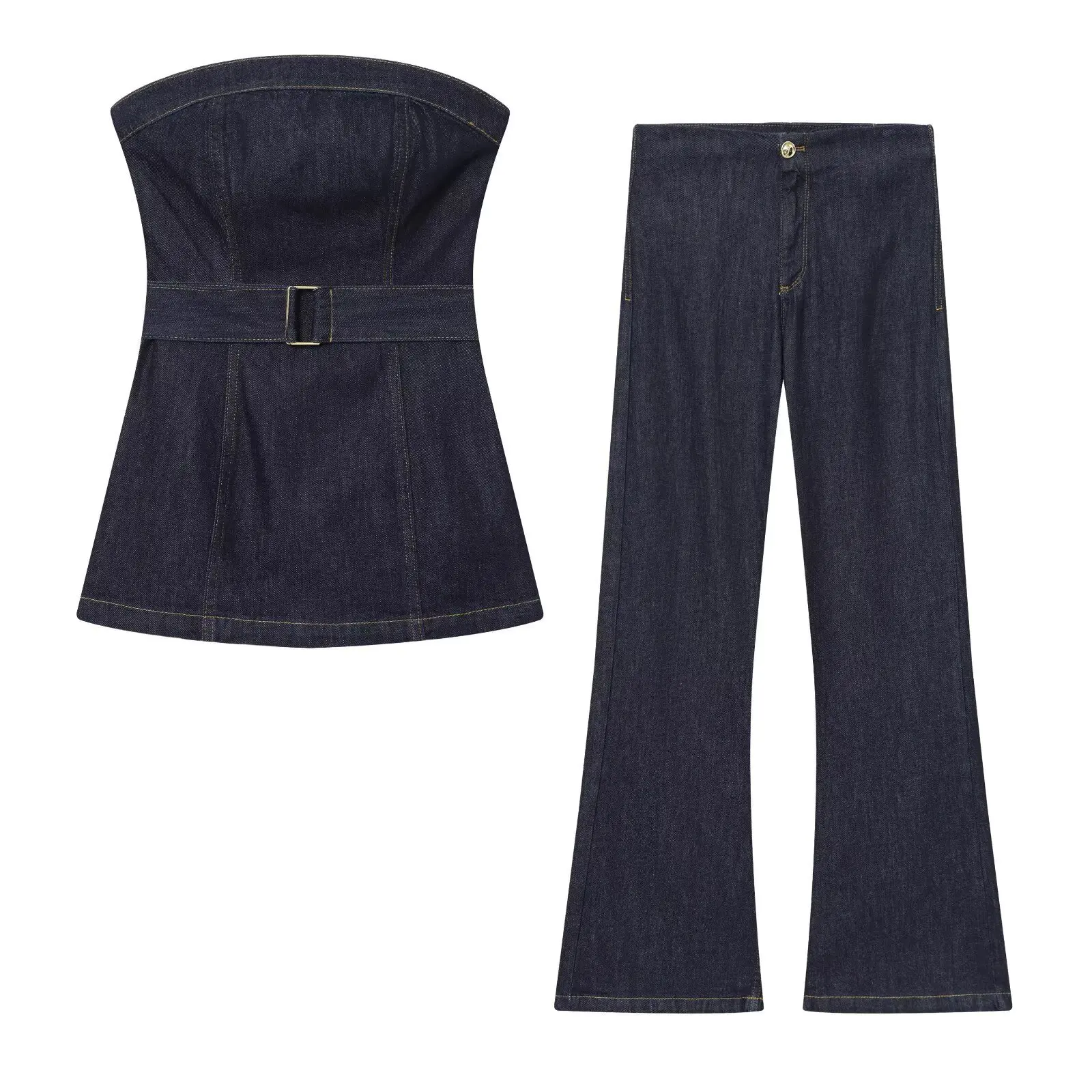 Cross-Border Women's Fashion Belted Sleeveless Denim Tube Top And Straight Leg Jeans Set Organic Cotton  Color Casual Pants