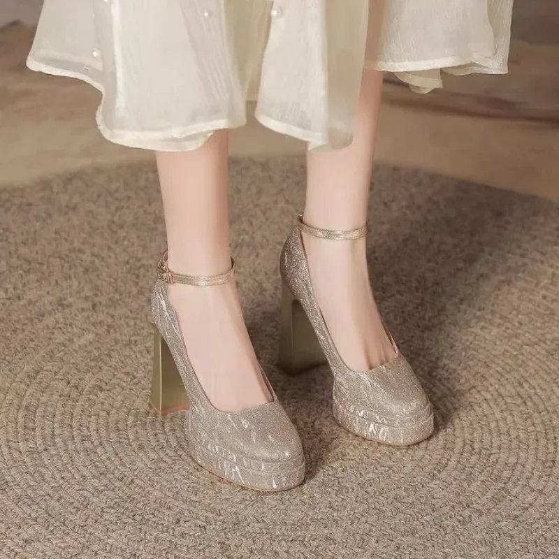 

Wedding Shoes For Bride Petite Size Square Toe Chunky Heel Mary Jane Rhinestone Crystals Bridal Party Shoes Women