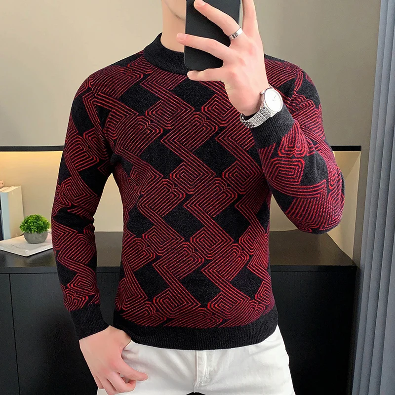 Brand Jacquard Velvet Knitted Sweaters Men Autumn Winter Long Sleeve Slim Casual Pullover Versatile Business Social Base Tops