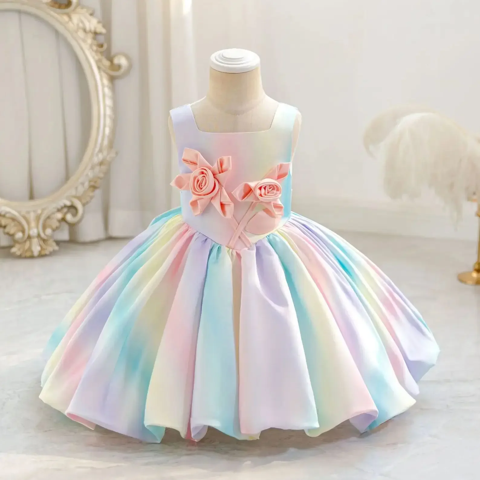 3D Appliques Girls Party Dress Kids Baby Gradient Birthday Princess Gown Child Christmas Costume 4-8 Years