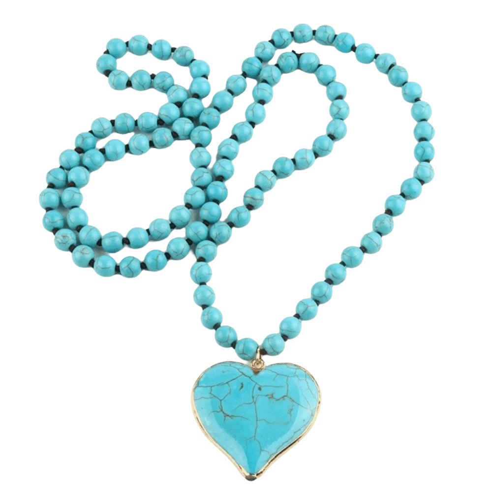 8 mm Beads Turquoise Beaded Necklace Knot Design Heart Shape Pendant Love Pendant Necklace Long Length Round Beads