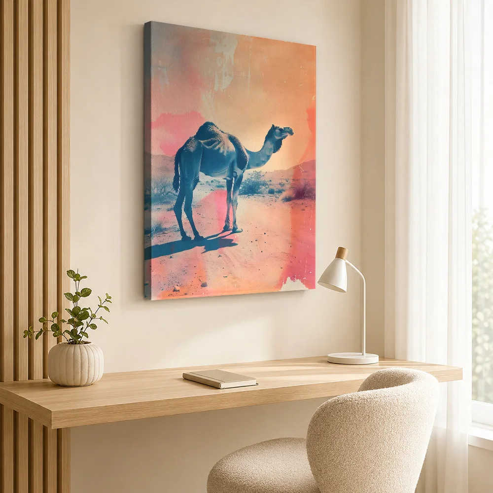 Camel In Desert Landscape Framed Canvas Print Personalized Photo Detailed Painterly Composition Wall Art For Cottage Living Room