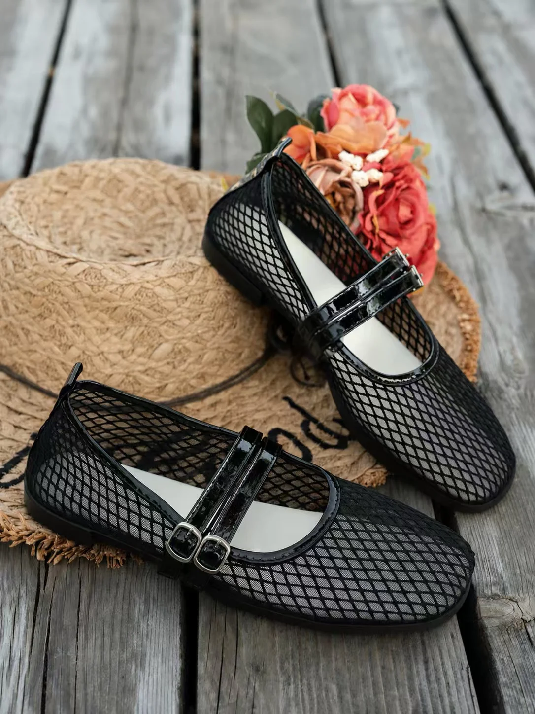 Bailarinas de Malla para Mujer Zapatos Planos Mary Jane Transpirables con Rejilla Punta Cuadrada Francesa Retro Lolita Merceditas de Verano Casuales Mocasines Cómodos con Doble Hebilla Zapatillas de Ballet