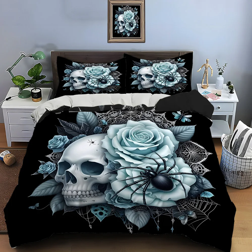 Blue roses with spider decoration Print Soft Comfortable Duvet Cover Bedding Set Included 1*Duvet Cover  2*Pillowcases