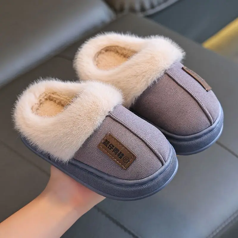 Solid Furry Children Slippers Winter PU Warm Plush Indoor Slippers For Kids Soft Bottom Boys Girls Floor Shoes