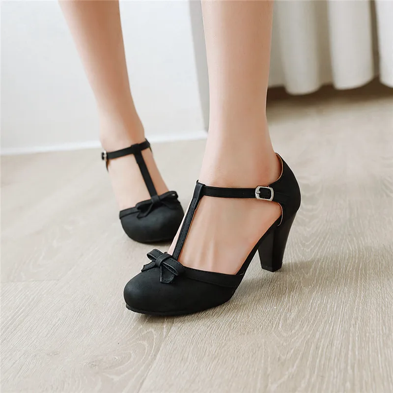 Plus Size 33-46 Women's High Heel Shoes Sandal Round Toe Heel Pumps Women's Pumps With Bow Party Wedding Footwear t Strap